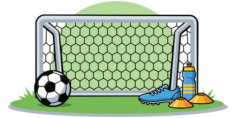 Soccer Goal and Equipment: A football, boot, water bottle, and cones are arranged in front of a soccer goal, ready for a game. © Gwith Boss