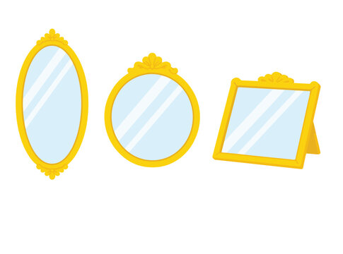 Golden vintage mirror vector illustration set, oval, round, and square mirrors isolated on white background