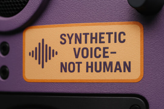 Synthetic voice not human warning label with waveform icon on purple audio equipment surface, highlighting artificial intelligence ethics