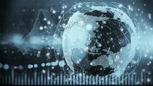 Digital blue globe rotating with network data and technology graphics