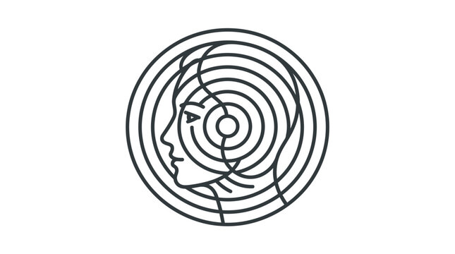Circular line art profile within hypnotic spiral pattern.