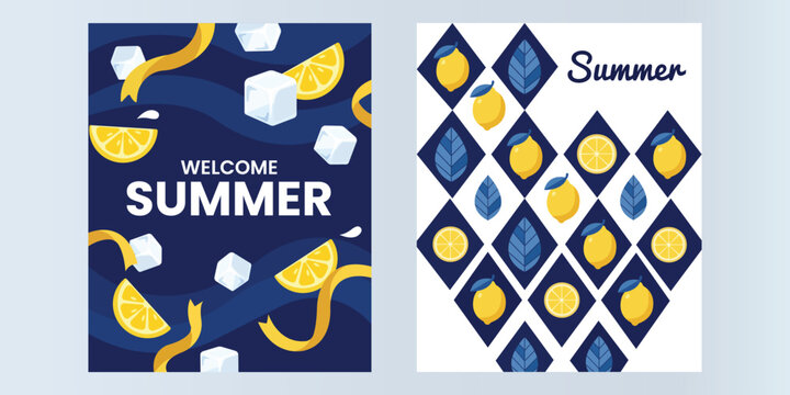 Summer Vibes: Refreshing lemonade illustrations with lemons, ice cubes, and playful wavy patterns capture the essence of summer. One poster features a blue background with text WELCOME SUMMER.