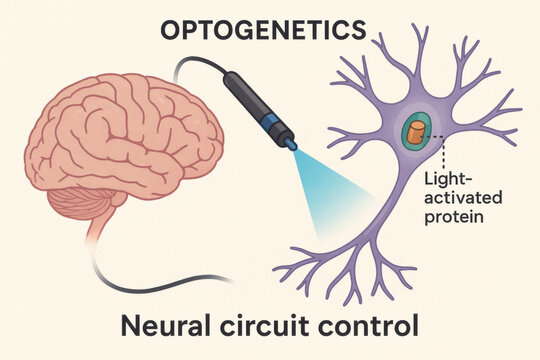 Optogenetics neural circuit control light activated protein brain neuroscience research technique scientific illustration