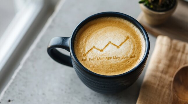 Coffee latte with stock market growth chart symbolizing business success and finance