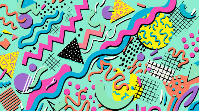 Abstract geometric pattern with wavy lines and shapes, vibrant vector illustration