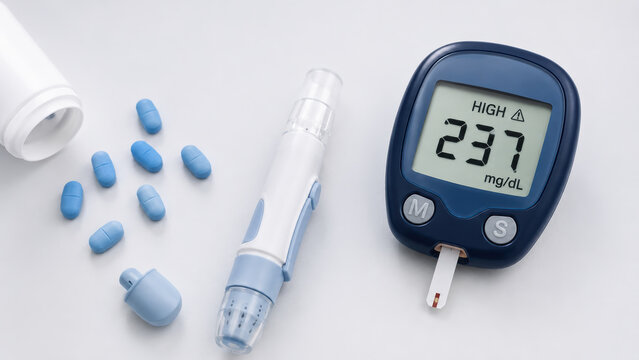 Diabetes major risk factor erectile dysfunction concept. Blood glucose monitor displaying a high reading, insulin pen, and blue tablets on a white clinical surface.