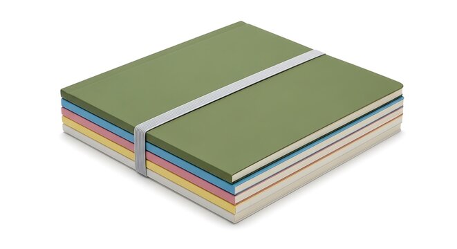 Minimalist stack of colorful notebooks with elastic band, collection of pastel paper journals for stationery branding, professional office supplies on white background