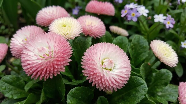 Close-up of beautiful pink pompon daisies blooming in a garden with green leaves.