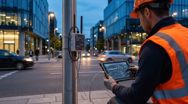 Technician installing smart city IoT sensor on street pole, connecting urban infrastructure with digital technology for traffic monitoring and data collection at night.