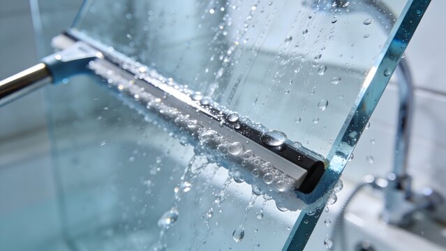 Close-up of a squeegee cleaning a glass shower door with water droplets and suds, emphasizing cleanliness and sparkling surfaces.