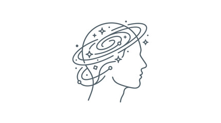 Side profile head with orbiting galaxy brain icon. © mawar