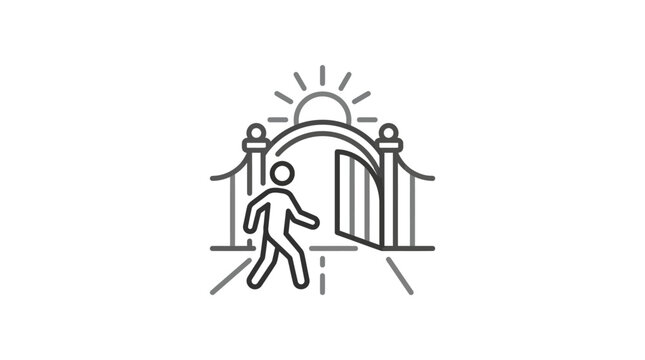 Person walking through open gate towards rising sun.