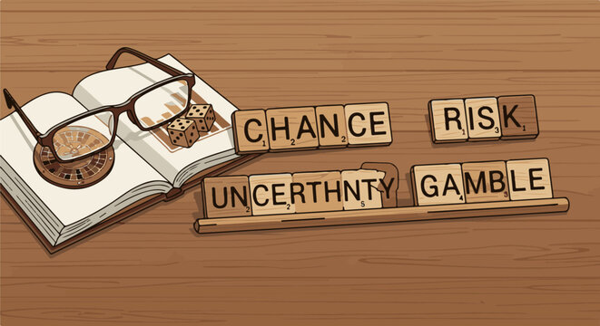 Open book with glasses, roulette, dice, and Scrabble tiles conveying risk