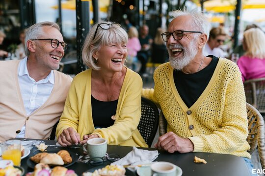 Group of cheerful senior adults laughing together at a sunlit outdoor cafe for active retirement lifestyle, senior wellness and social dining advertising