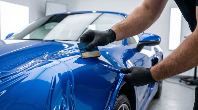 Man polishing blue sports car with buffer in garage workshop