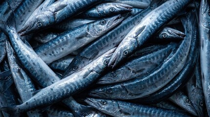 Fototapeta premium Fresh raw barracuda fish piled together in a market display featuring vibrant blue tones and sharp details for seafood culinary industry and healthy nutrition concepts