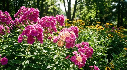Obraz premium Vibrant Pink Phlox Flowers Blooming in a Lush Green Garden on a Sunny Day.