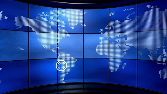 Blue digital world map scrolling on virtual newsroom studio screens