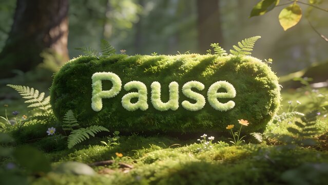 A moss covered pause button symbol in a lush green sunlit forest representing nature and rest.