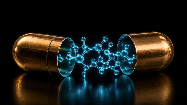 Open bronze pharmaceutical capsule revealing luminous cyan molecular structure as editorial concept for drug discovery, pharmacology and molecular medicine