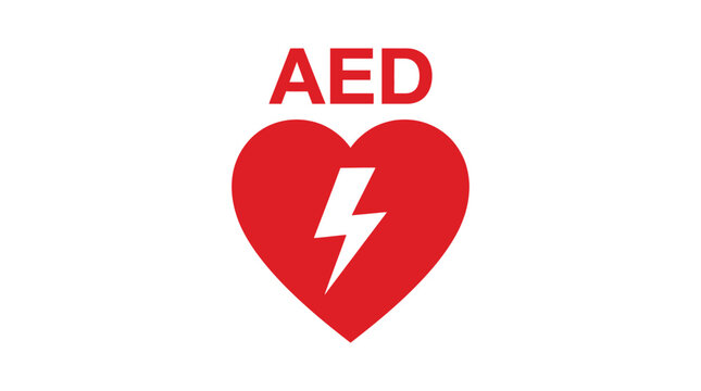 Automated external defibrillator emergency symbol with red heart and lightning bolt vector
