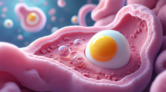 Fertilization and Process concept ,Fertilized egg cell with yolk and surrounding membrane in pink tissue with bubbles