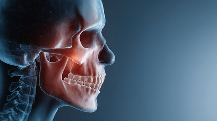 Obraz premium Dental Health Innovation Concept , human skull side view with highlighted jawbone and teeth anatomy on blue background