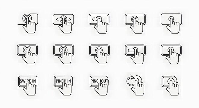 Hand gesture icons set touchscreen controls mobile interface elements