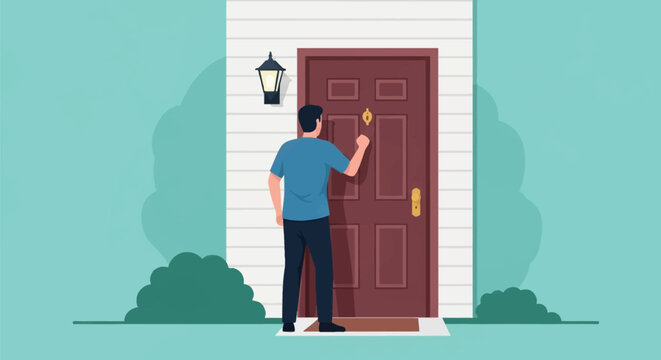 Flat vector illustration of a man seen from behind knocking on a dark brown wooden door of a house with white siding, a gold door knocker, porch lamp, bushes, and doormat.