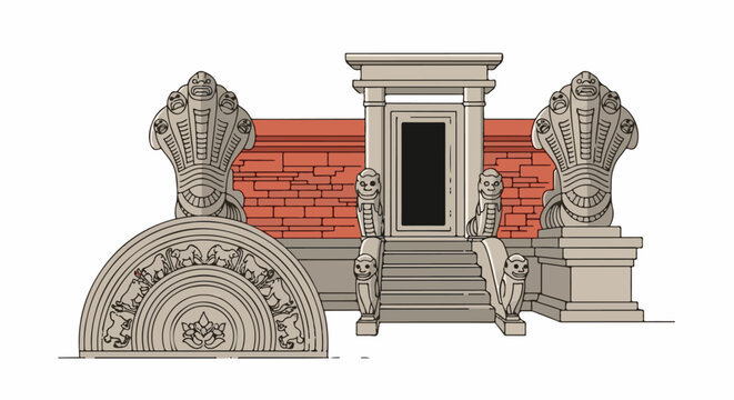 Ornate stone entrance flanked by multi-headed cobra sculptures, red brick wall