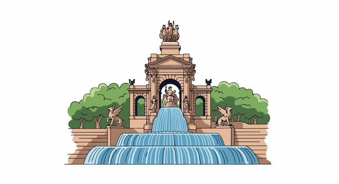 Ornate tiered fountain with sculptures and winged mythical creatures