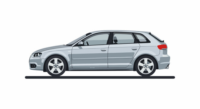 Pixelated silver hatchback car with five-spoke wheels against white