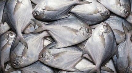 Obraz premium Fresh raw silver pomfret fish stacked together in a market display creating a detailed texture of shiny metallic scales and sharp fins for culinary background