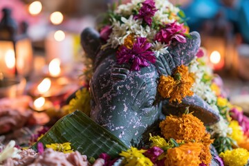 Obraz premium Carved stone bull statue decorated with fresh flower garlands for religious ceremony, cultural heritage and spiritual meditation for travel brochures and yoga design