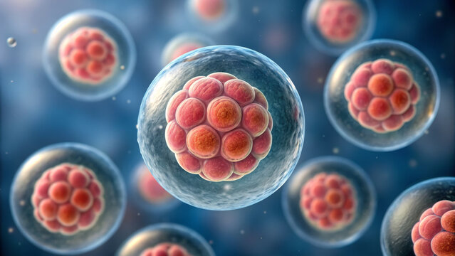 Human and Embryo Concept ,Early human cell division embryo with multiple cells microscopic view showing detailed structure