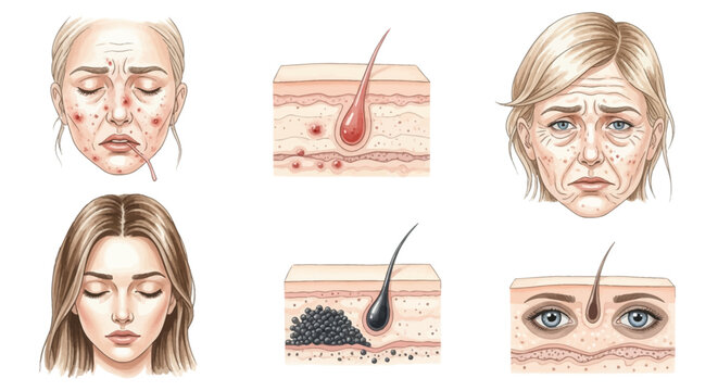 Watercolor medical illustration depicting various dermatological conditions such as severe acne, wrinkles, age spots, blackheads, and skin cross-sections showing hair follicle anatomy.