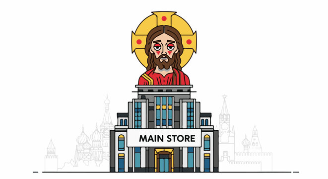 Religious figure atop a modern store building with historical silhouettes