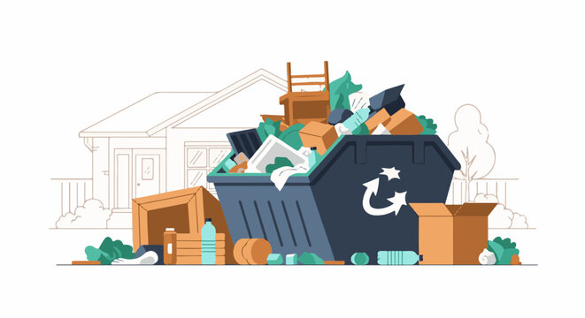 Overflowing dumpster by a house with discarded items and green foliage