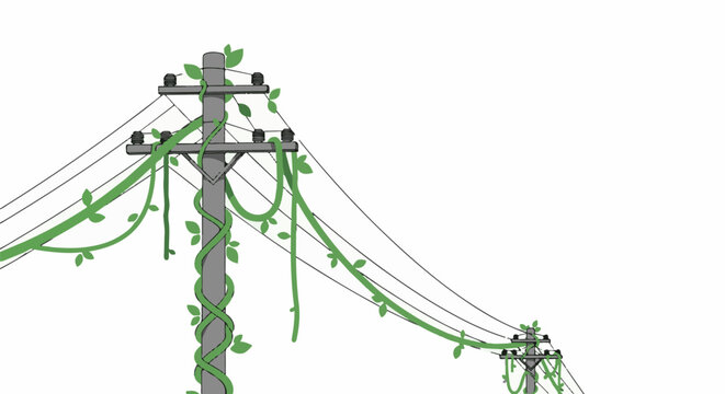 Overhead electrical wires and pole overgrown with lush green vines and leaves