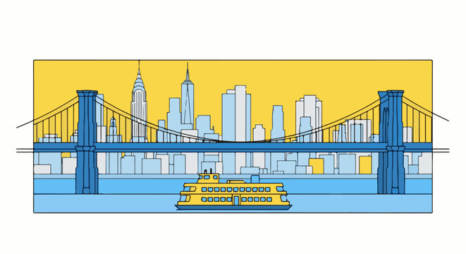 Stylized cityscape with a bridge and a ferry on yellow and blue