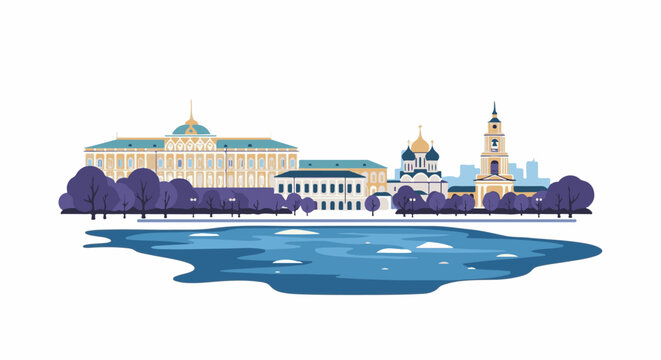 Stylized cityscape with historic buildings by a lake and bare trees