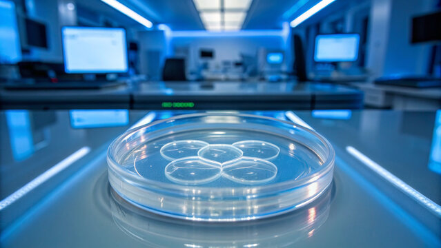 IVF and Procedure concept ,Petri dish with embryo cells illuminated by lab light in futuristic laboratory environment