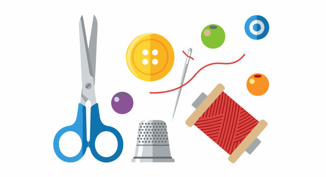 Sewing supplies including scissors, thread, button, needle, and thimble