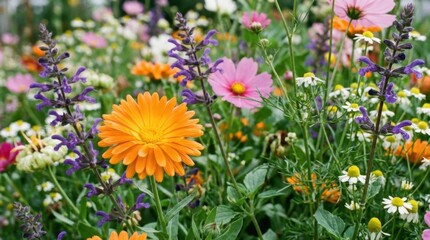 Fototapeta premium Vibrant Wildflower Meadow - A Colorful Display of Blooming Flowers in Natures Embrace.