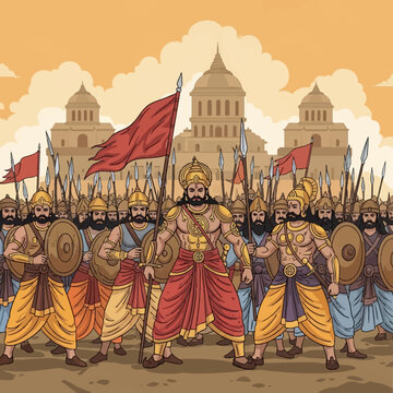 Digital illustration of an ancient Indian army led by a king in golden armor holding a flag, soldiers with spears and shields standing before traditional temple palace architecture.