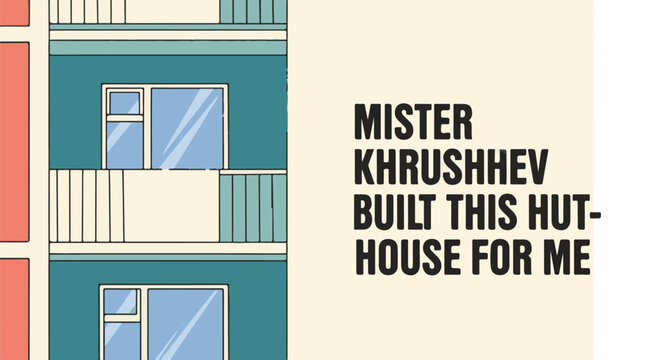 Stylized apartment building exterior with text