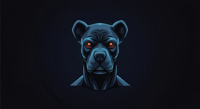 Stylized blue and black vector illustration of a muscular pitbull dog head with intense glowing red eyes and wrinkled forehead, centered on a solid black background for mascot design.