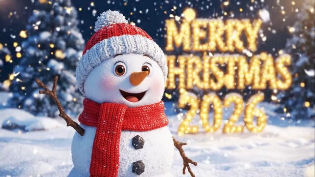 Merry Christmas Snowman Winter Wonderland Scene.