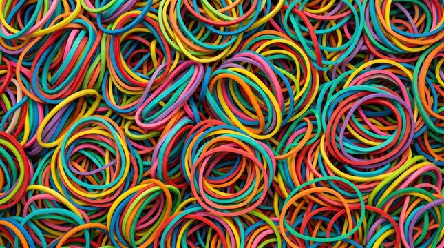 Vibrant abstract background featuring a dense collection of multicolored rubber bands intertwined in a chaotic pattern to create a playful and dynamic texture