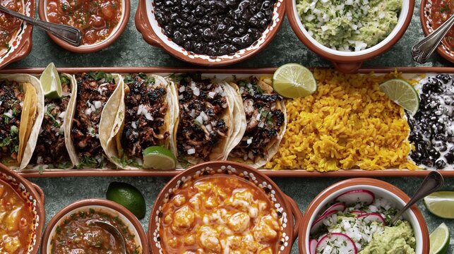 Mexican tacos and chalupas food spread served on ceramic plates for restaurant menu design, traditional cuisine advertising and culinary festival promotion